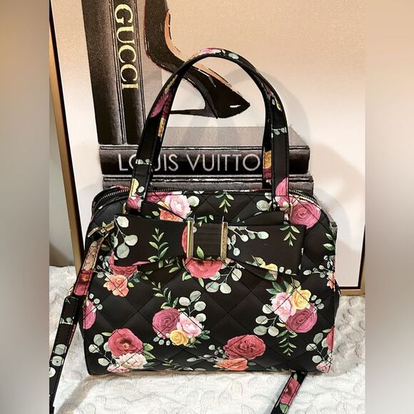 Betsey Johnson Black Rose & Bow Floral Satchel – Convertible Crossbody - Picture 1 of 12